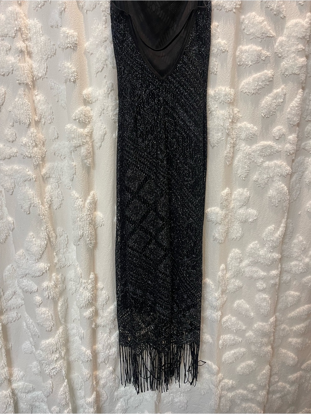 Vintage Hourglass semi sheer knit maxi dress with fringe hem and open back - Picture 5 of 6